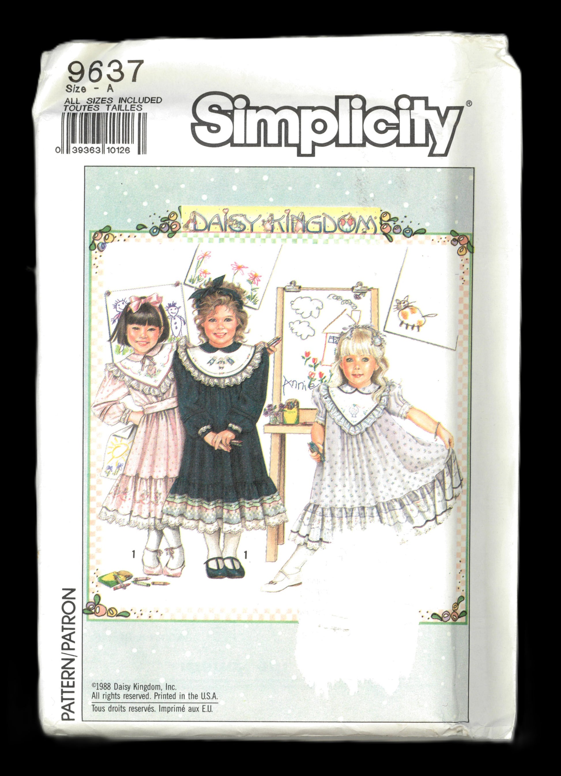 90s Daisy Kingdom Simplicity 8637 Dress Pattern 
Simplicity pattern packaging for children's dresses with three girls on the cover.