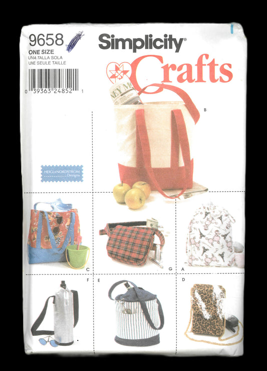 Simplicity 9658 Utility Bag Package Sewing Pattern - UNCUT Tote Bags, Purses and Water Bottle Holder