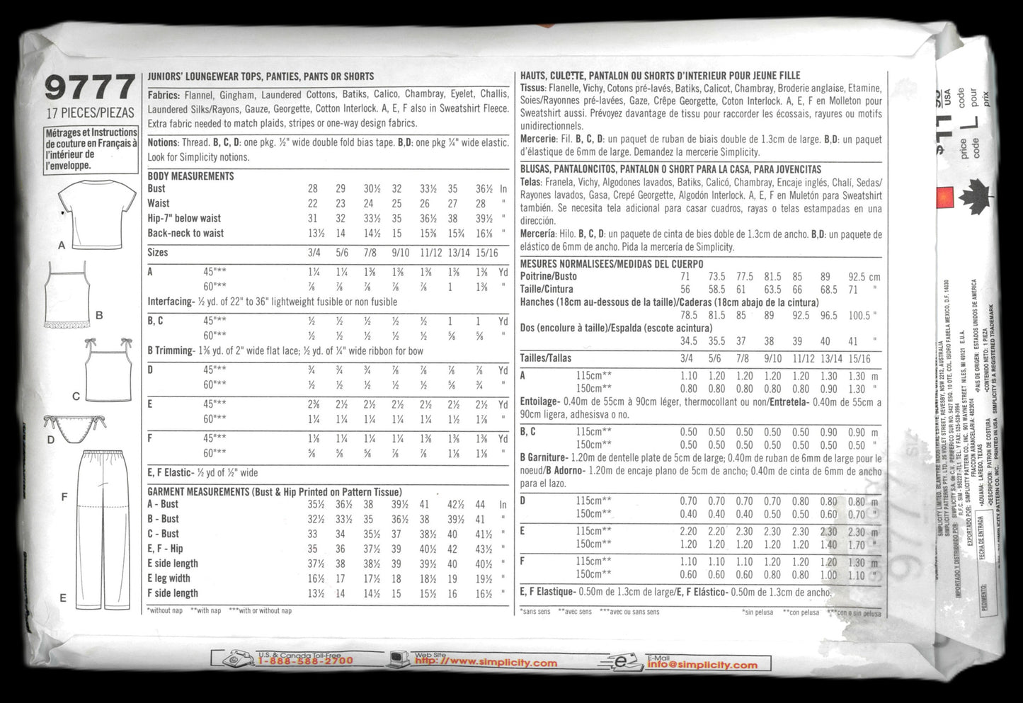Simplicity Grooves 9777 Juniors Loungewear Tops, Panties or Shorts Sewing Pattern UNCUT Size 11/12  - 15/16
