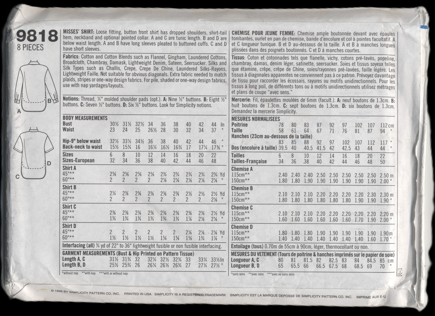 Simplicity 9818 Misses Shirt Sewing Pattern UNCUT Size 6 8 10