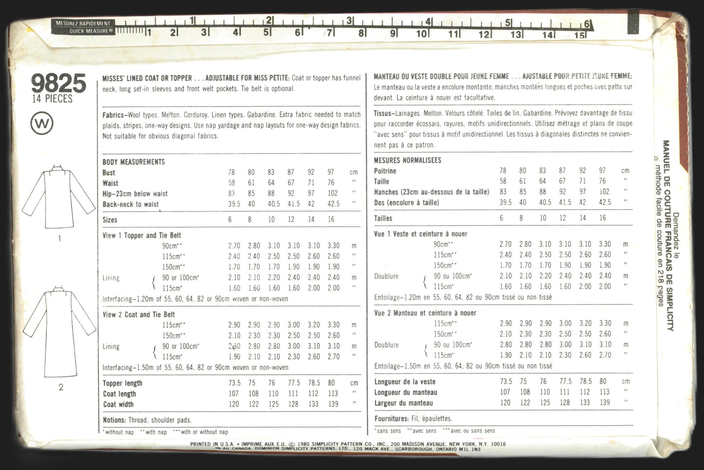 Simplicity 9825 Misses Lined Coat or Topper Sewing Pattern - UNCUT - Size 6 + 8