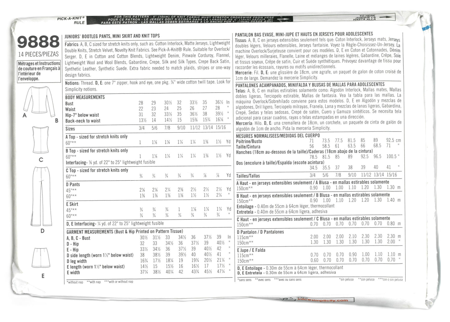 Simplicity 9888 Juniors Bootleg Pants and Skirt and Knit Tops Sewing Pattern  UNCUT Size 11/12 - 15/16