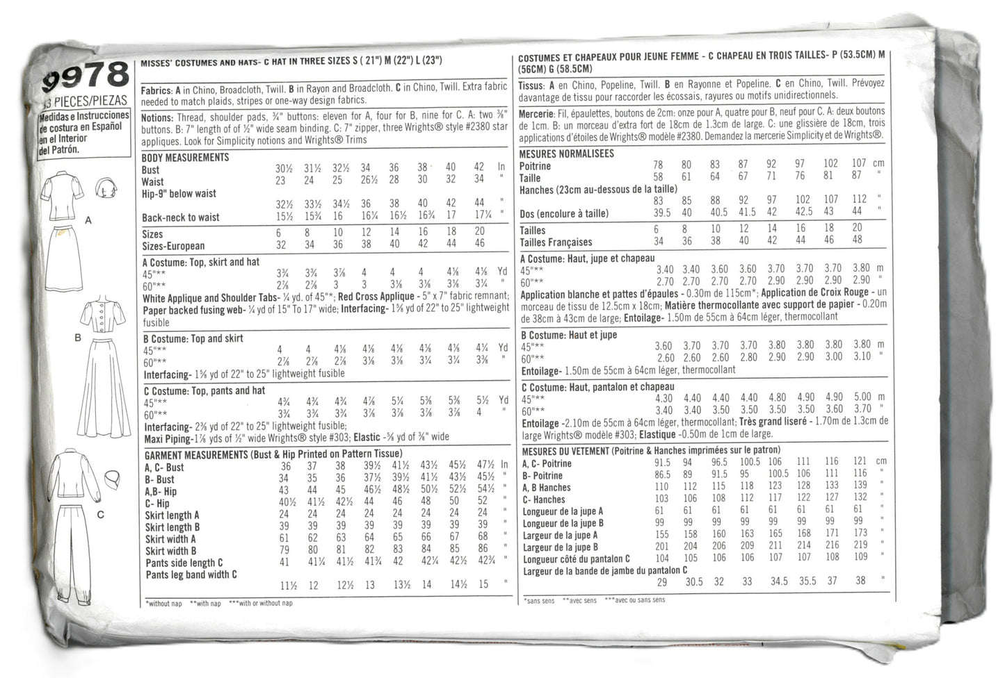 Simplicity 9978 Misses Costumes and Hats Sewing Pattern UNCUT  Size 6 8 10 12