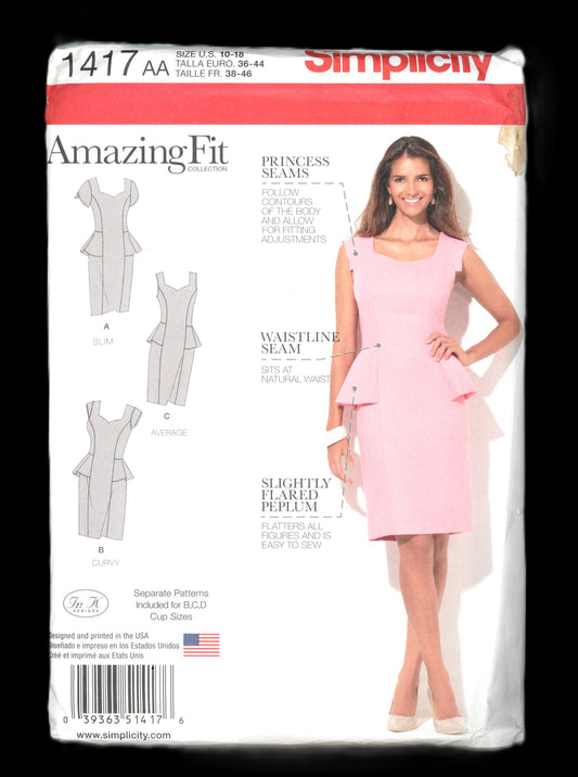 Simplicity 1417 Amazing Fit Women's Dress with Individual Pattern Pieces for B,C,D cup or C,D, DD Cup Sizes Sewing Pattern UNCUT - Size 10  - 18