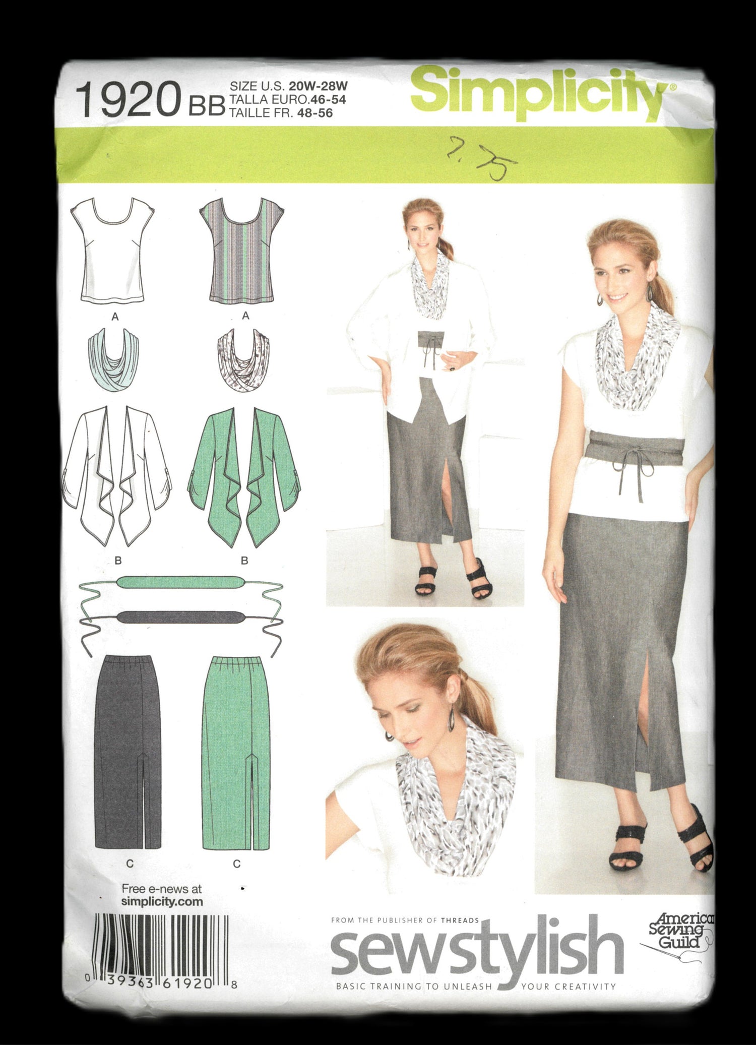 Simplicity 1920 Womens Skirt Top Jacket Scarf and Belt Sewing Pattern UNCUT Size 20W - 28W