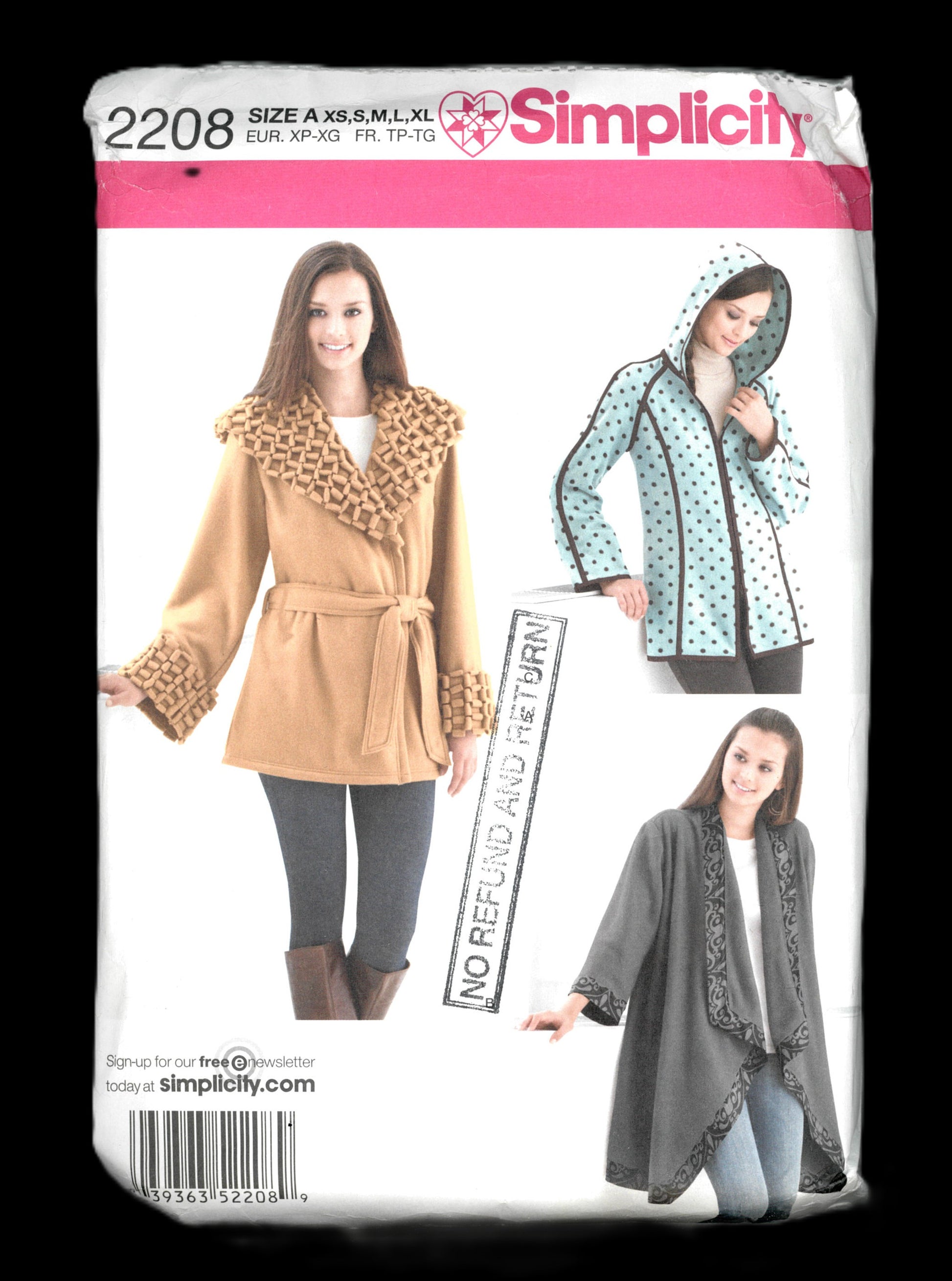 Simplicity 2208 Misses Fleece Jacket  with Front and Collar Variations Sewing Pattern - UNCUT - Size XS - XL