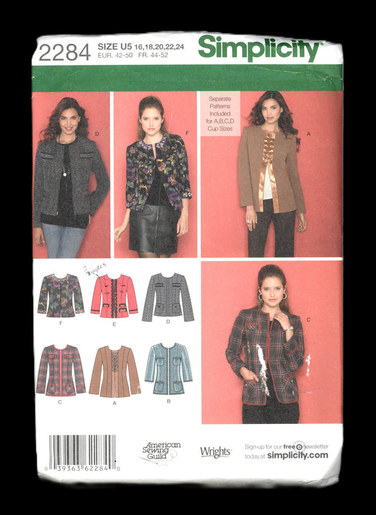 Simplicity 2284 Misses / Miss Petite Lined Jacket in Two Lengths with trim variations...Sewing Pattern - UNCUT - Size 16 18 20 22 24