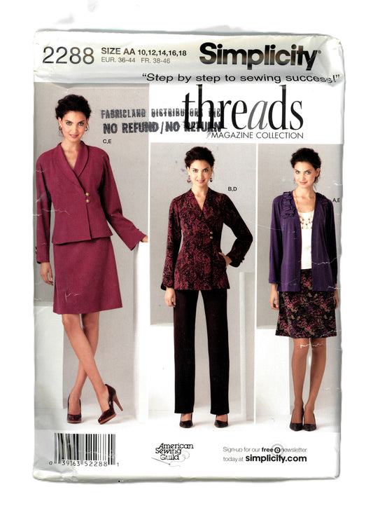Simplicity 2288 THREADS Misses jacket in Two Lengths, Pants, Skirt and knit Cardigan Sewing Pattern - UNCUT - Size 10 12 14 16 18