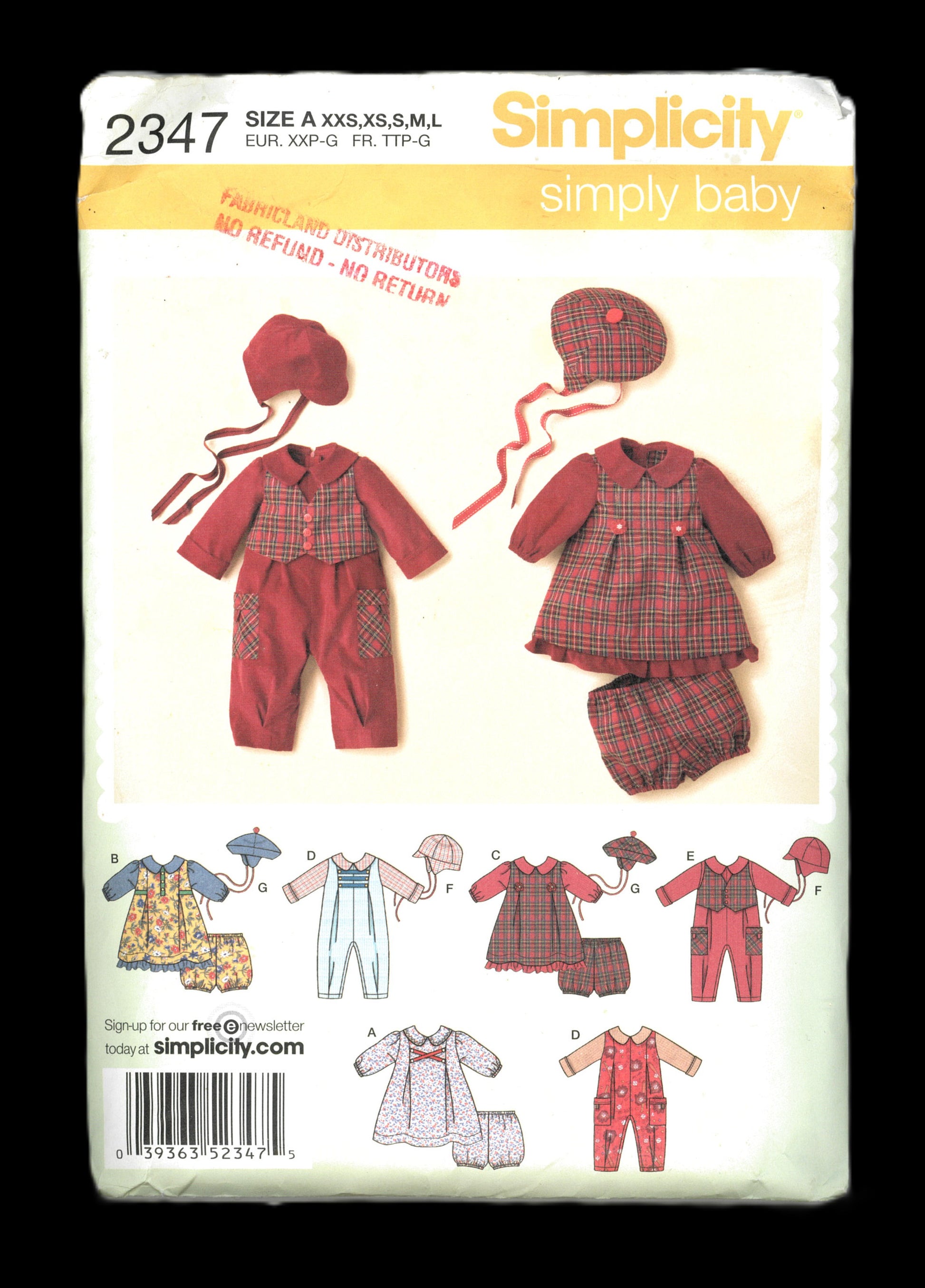 Simplicity 2347 Babies Romper, Dress Panties and Hats Sewing Pattern - UNCUT - Size Xxs XS S M L