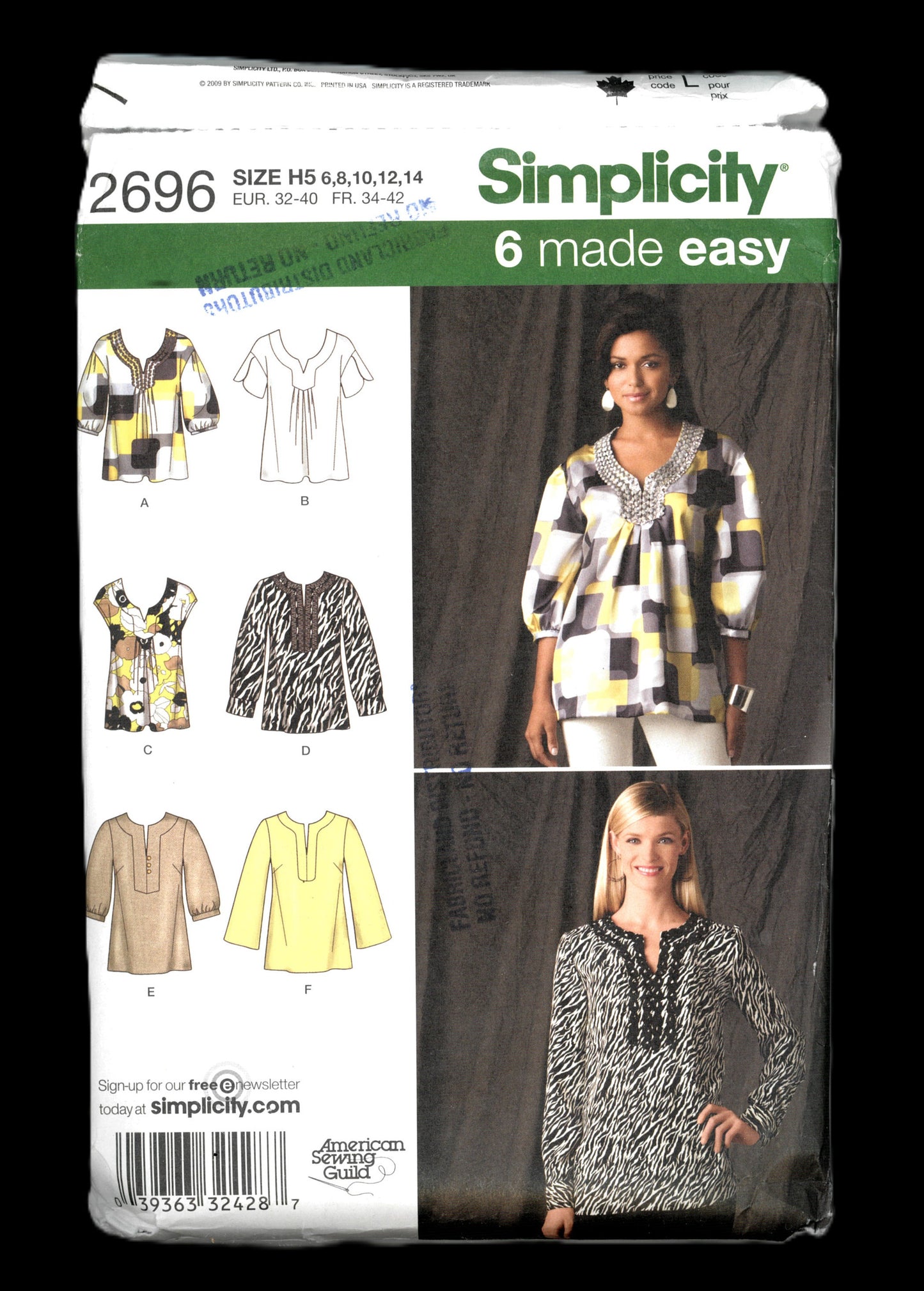 Simplicity 2696 Misses Pullover Tunics with Front and Sleeve Variations Sewing Pattern UNCUT - Size 6 8 10 12 14