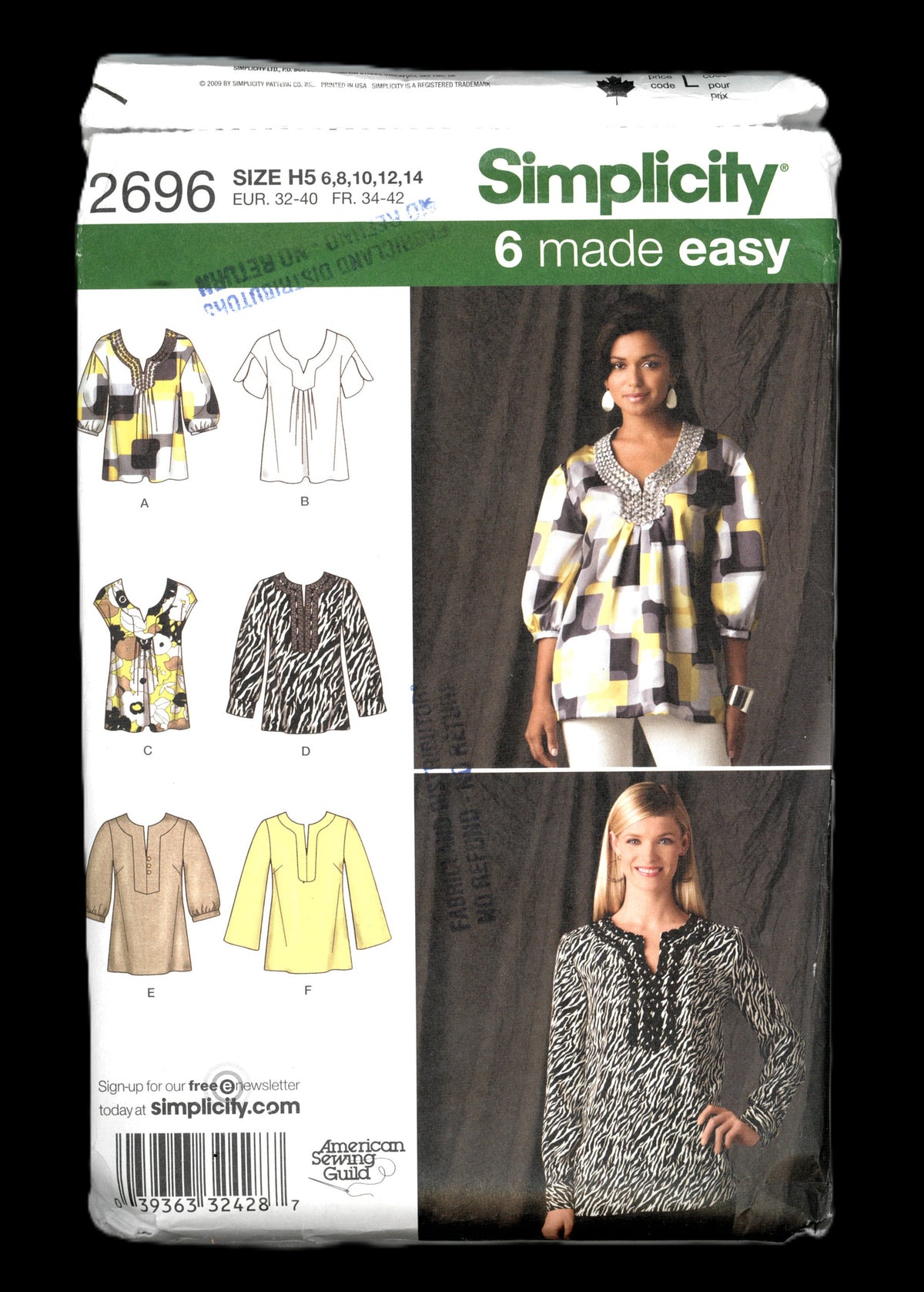 Simplicity 2696 Misses Pullover Tunics with Front and Sleeve Variations Sewing Pattern UNCUT - Size 6 8 10 12 14
