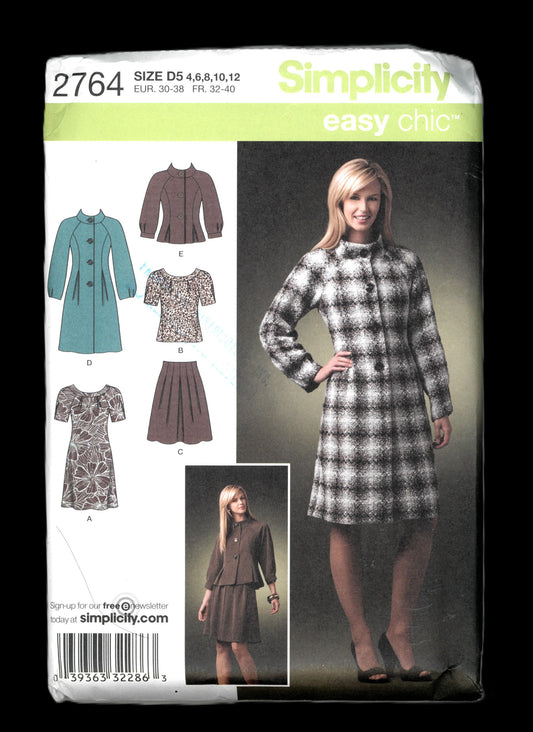 Simplicity 2764 Misses / Miss Petite Coat or Jacket, Dress or Top and Skirt Sewing Pattern - UNCUT - Size 4 6 8 10 12