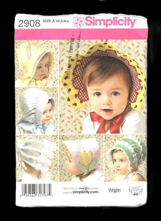 Simplicity 2908 Babies and Toddlers Hats in Four Sizes Sewing Pattern  - UNCUT - Size XS S M L