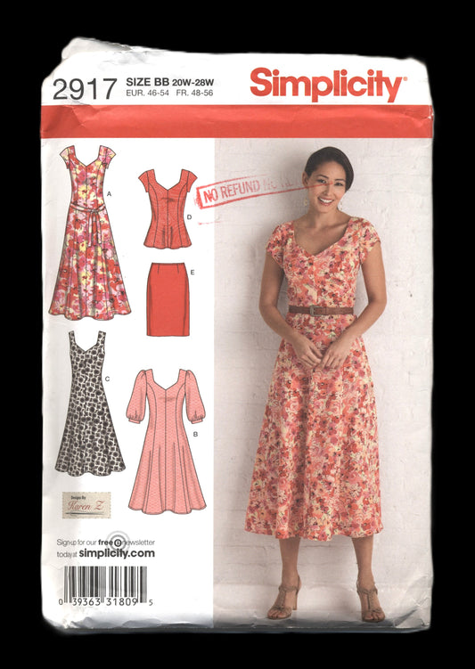 Simplicity S2917 Women's Dress in Two Lengths or Tunics Skirt and Tie Belt Sewing Pattern UNCUT - Size 20w 22w 24w 26w 28w
