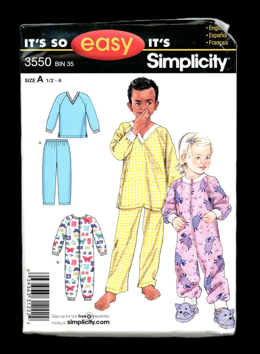 Simplicity 3550 Toddlers and Childs Pajamas Sewing Pattern UNCUT Size 1/2 - 6