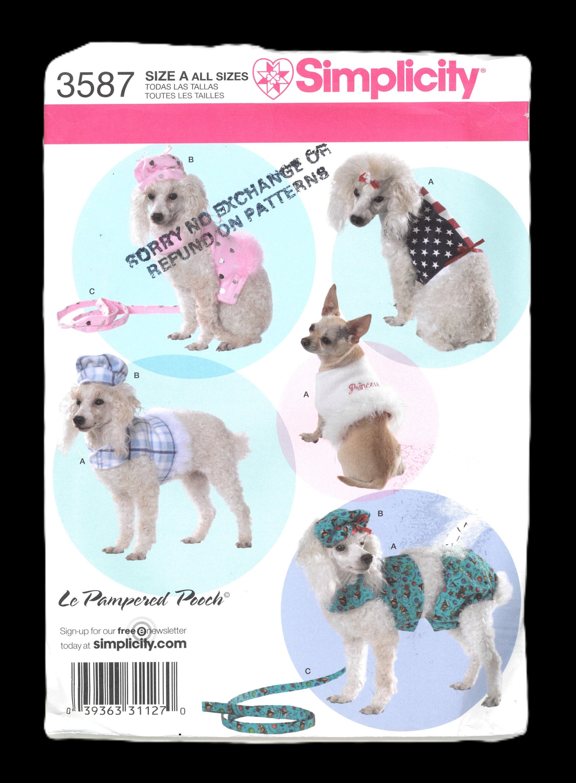 Simplicity 3587 Le Pampered Pooch Dog Vest in Four Sizes, Panties, Leash and Hat in One Size Sewing Pattern UNCUT