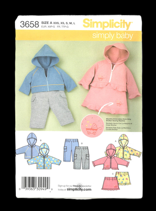 Simplicity 3658 Babies Knit Pants Skirt and Hooded Sweatshirt Sewing Pattern - UNCUT - Size Xxs XS S M L