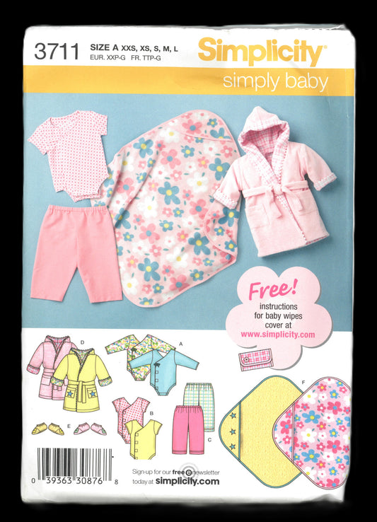 Simplicity 3711 Babies Layette Sewing Pattern - UNCUT - Size XXS XS S M L