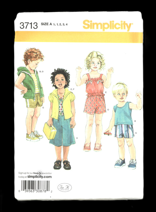 Simplicity 3713 Toddlers Top Shorts and Knit Gauchos, Tank Top and Hoody Sewing Pattern - UNCUT - Size 1/2 1 2 3 4 Toddlers Boys Girls Summer CLothes 