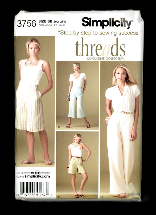 Simplicity 3756 Threads Womens Pants and Shorts each in Two Lengths Sewing Pattern - UNCUT - Size 20W - 28W