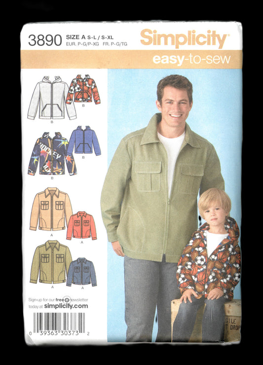 Father SON Sewing Pattern Simplicity 3890 Boys and Men's Jacket and Hooded Sweatshirt Sewing Pattern UNCUT Boys Size S M L Mens Size S M L XL