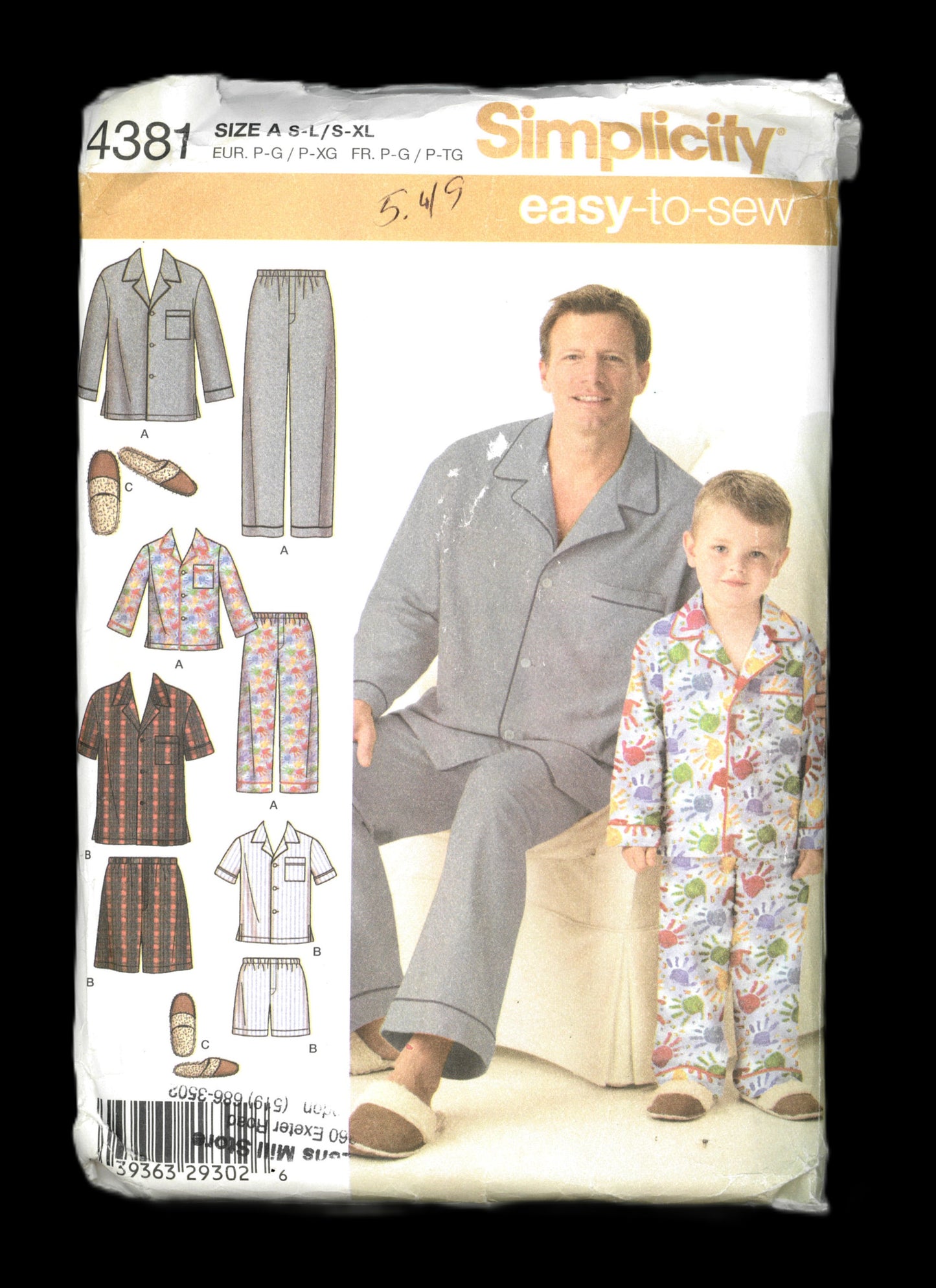 Simplicity 4381 Boys and Men's Long or Short Sleeve Pajamas and Slippers Sewing Pattern UNCUT Boys Size S M L Mens Size S M L XL