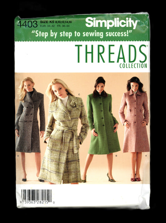 Simplicity 4403  THREADS Misses / Miss Petite Lined Coats Sewing Pattern - UNCUT - Size 8 10 12 14 16