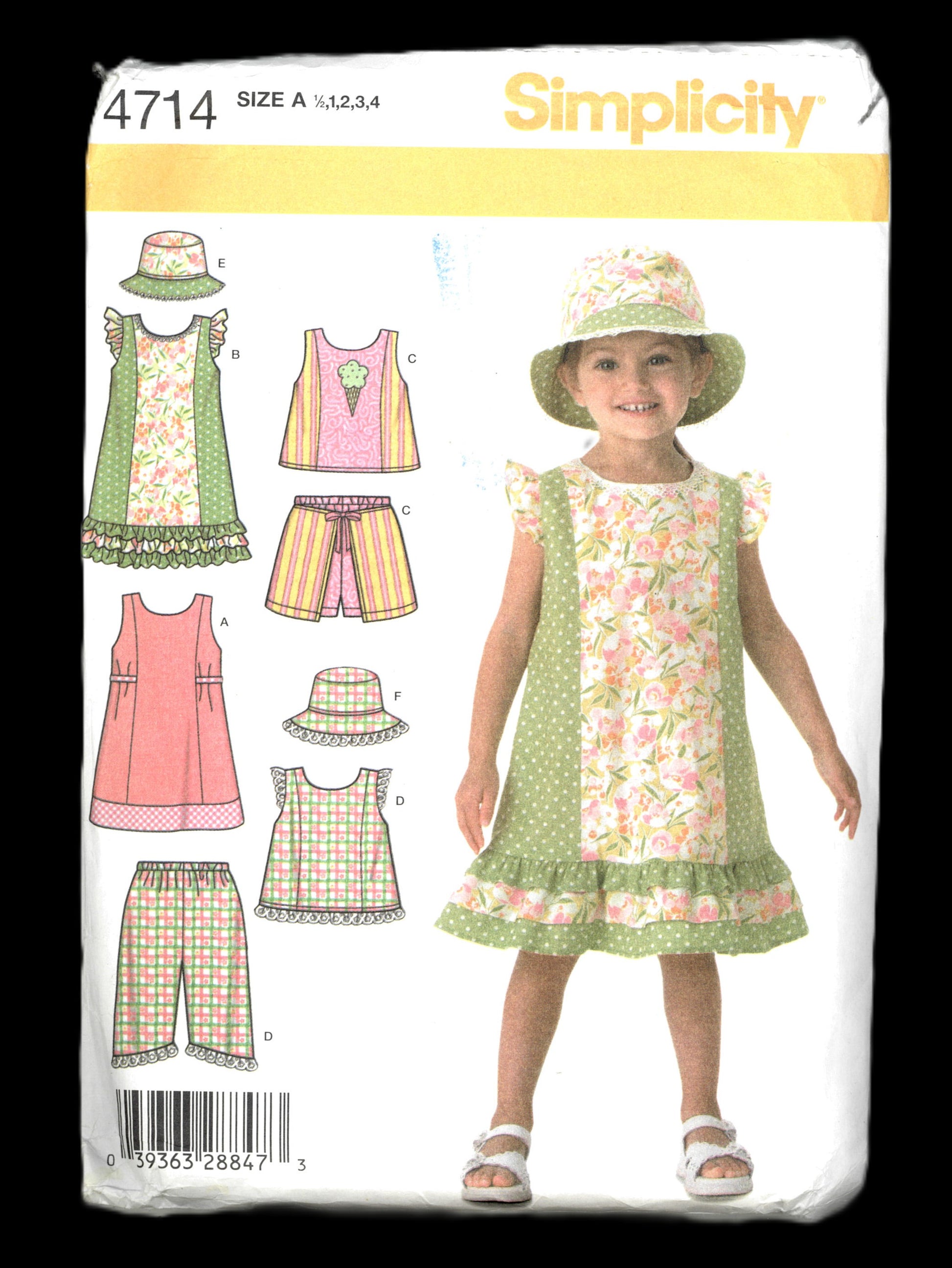 Simplicity 4714 Toddlers Dress in Two Lengths, Top, Capri Pants, Skort and Hat Sewing Pattern Girls Summer Dress Sewing Pattern with matching hat, 