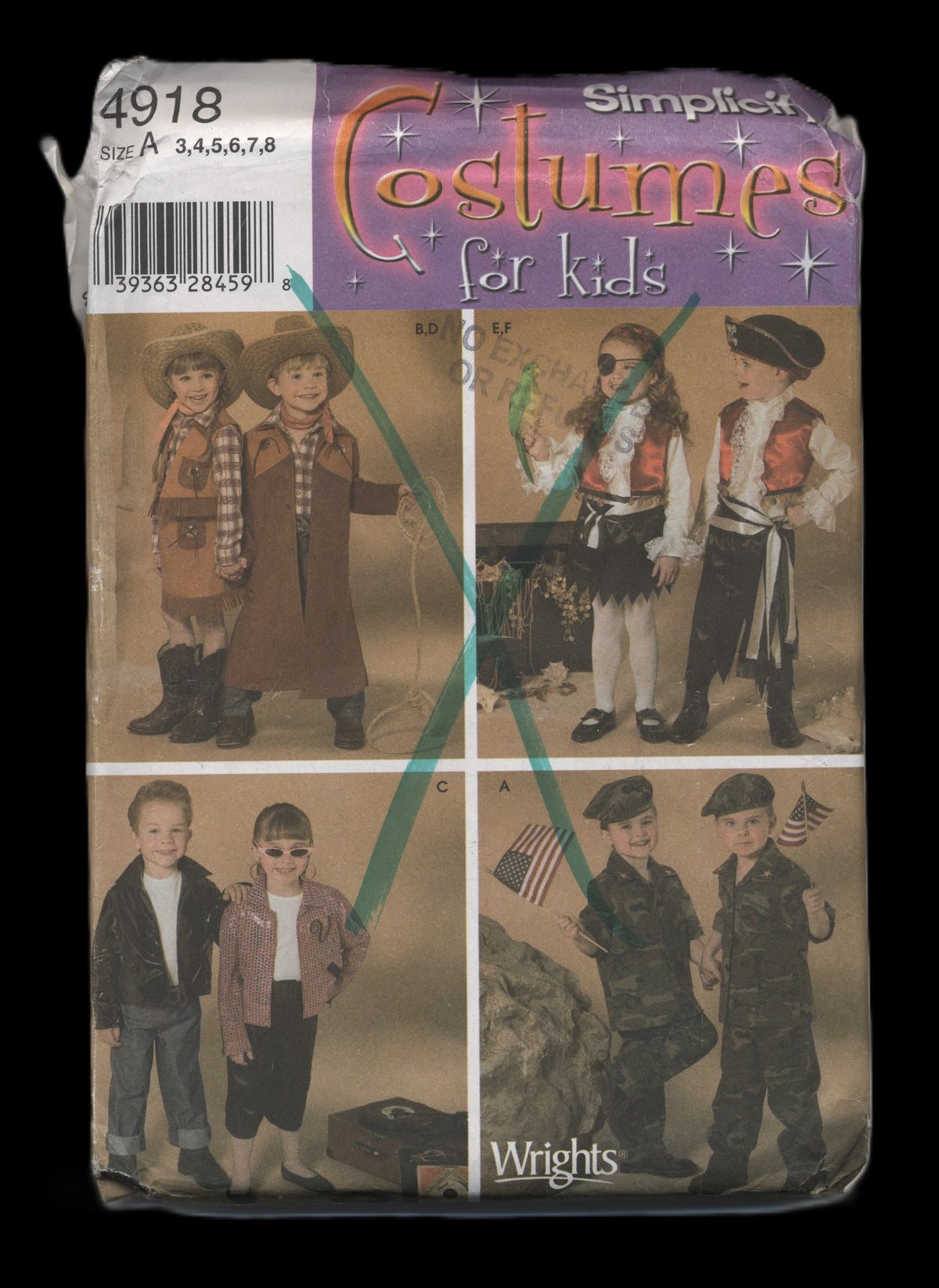 Simplicity 4918 Boys Girls Cowboy, Pirate, Greaser, Military Costume Sewing Pattern - UNCUT - Size 3 4 5 6 7 8
