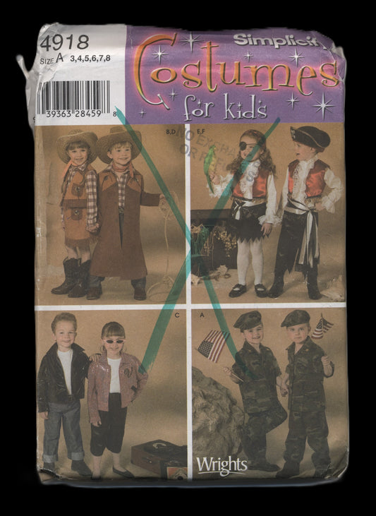 Simplicity 4918 Boys Girls Cowboy, Pirate, Greaser, Military Costume Sewing Pattern - UNCUT - Size 3 4 5 6 7 8
