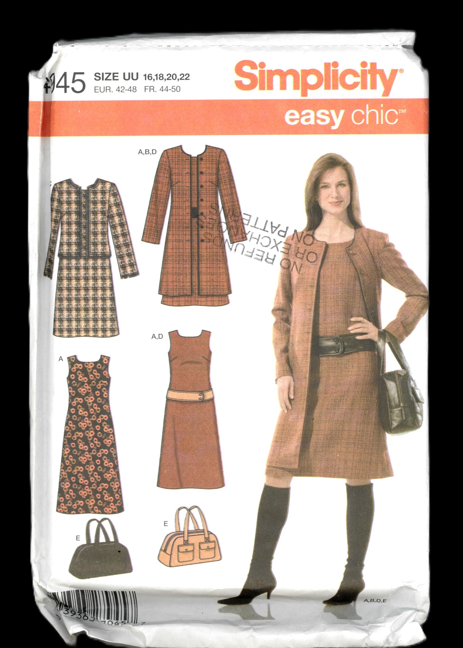 Simplicity 4945 Misses / Miss Petite Dress Coat or Jacket Belt and Bag Sewing Pattern - UNCUT - Size 16 18 20 22