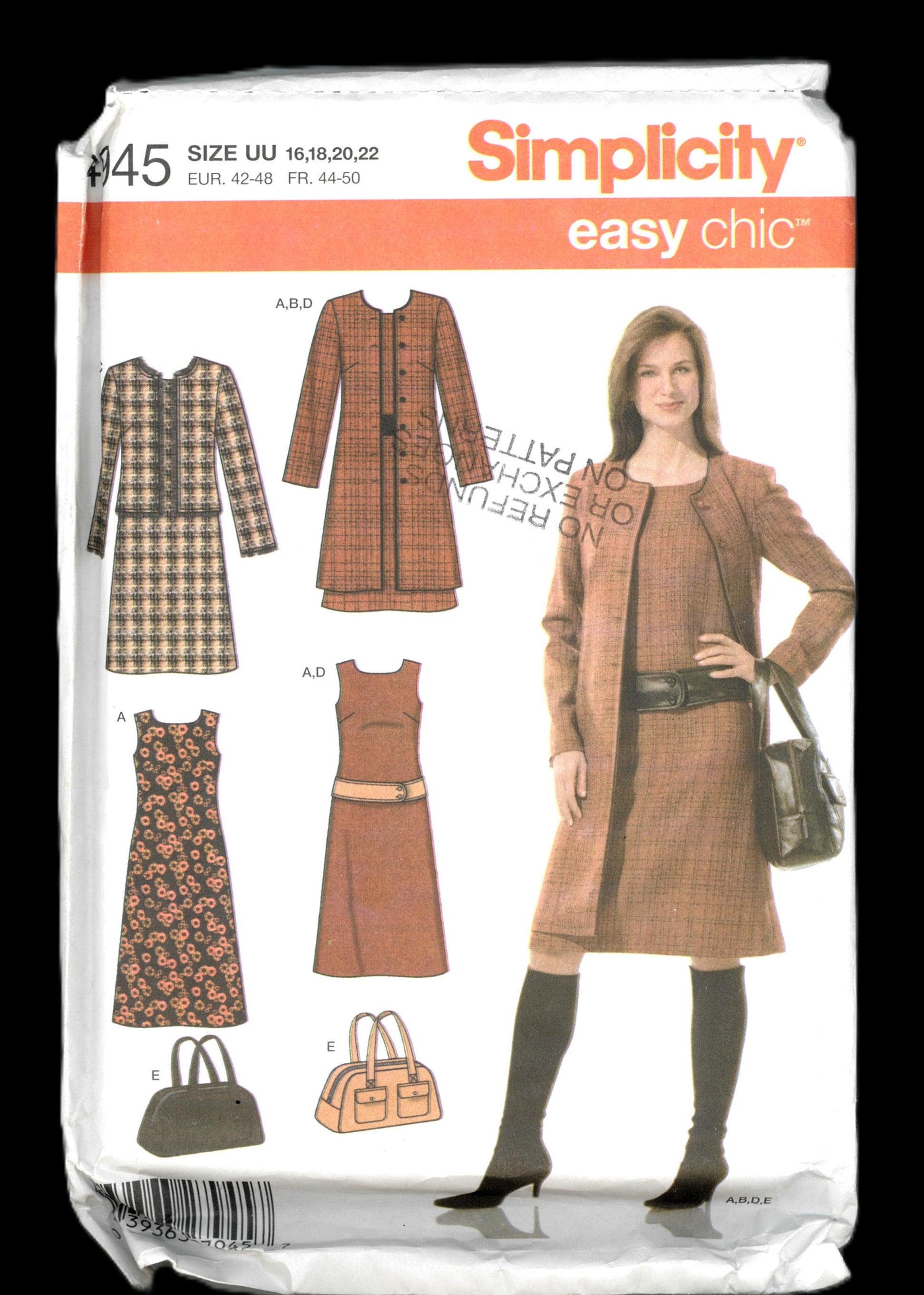 Simplicity 4945 Misses / Miss Petite Dress Coat or Jacket Belt and Bag Sewing Pattern - UNCUT - Size 16 18 20 22