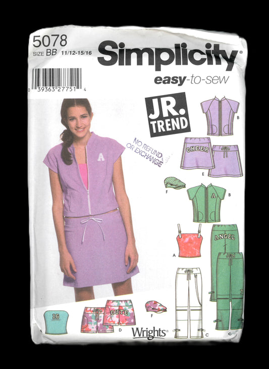 Simplicity 5078 Juniors Mini Skirt, Cropped Pants or Shorts, Hat and Knit Top and Jacket Sewing Pattern  UNCUT Size 11/12 - 15/16
