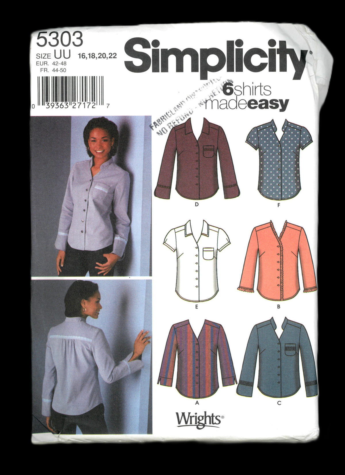 Simplicity 5303 Misses Shirt with Collar and Trim Variations Sewing Pattern UNCUT Size 16 18 20 22