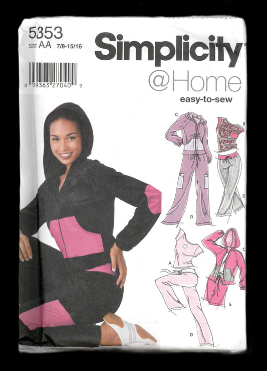 Simplicity 5353 Juniors Knit Pants in Two Lengths, Skirt, Top and Hooded Sweatshirt Sewing Pattern   Size 7/8 - 15/16 Y@K clothing Sewing Pattern Y@K Velour Track Suit Sewing Pattern