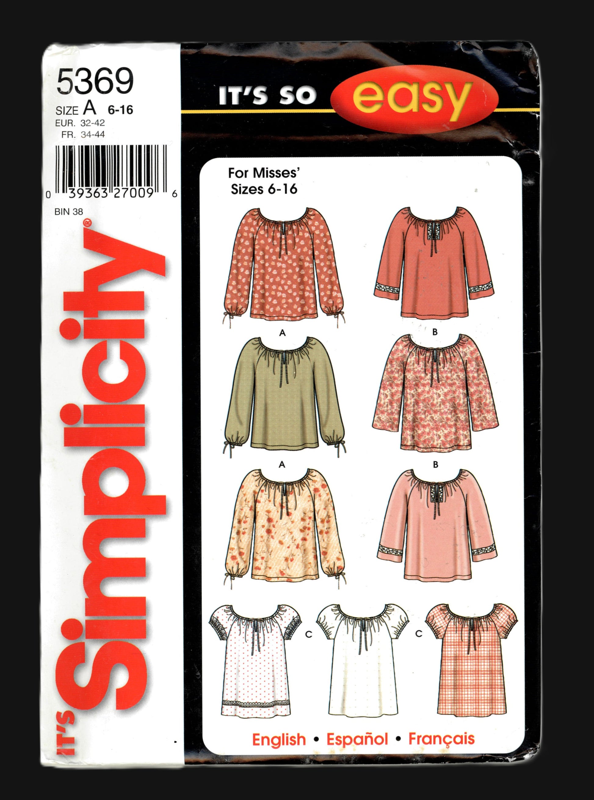 Simplicity 5369 Misses Tops Sewing Pattern - UNCUT - Size 6 - 16 Peasant Top