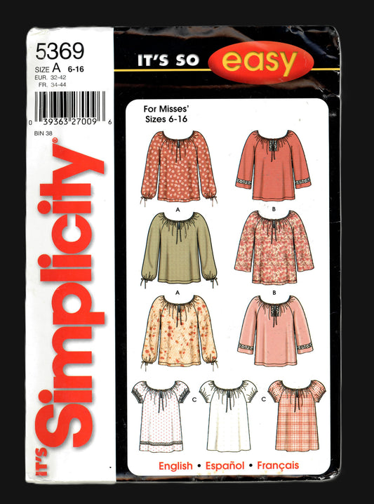Simplicity 5369 Misses Tops Sewing Pattern - UNCUT - Size 6 - 16 Peasant Top
