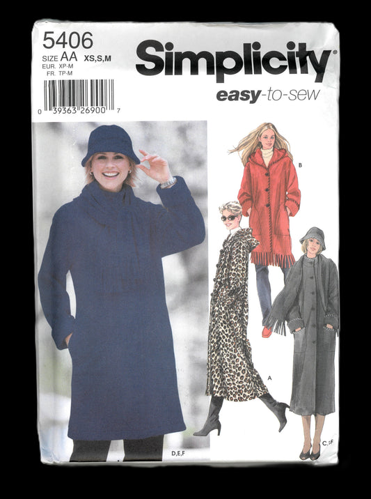 Simplicity 5406 Misses Coat in Two Lengths, Scarf and hat... hat in Three sizes Sewing Pattern - UNCUT - Size XS S M