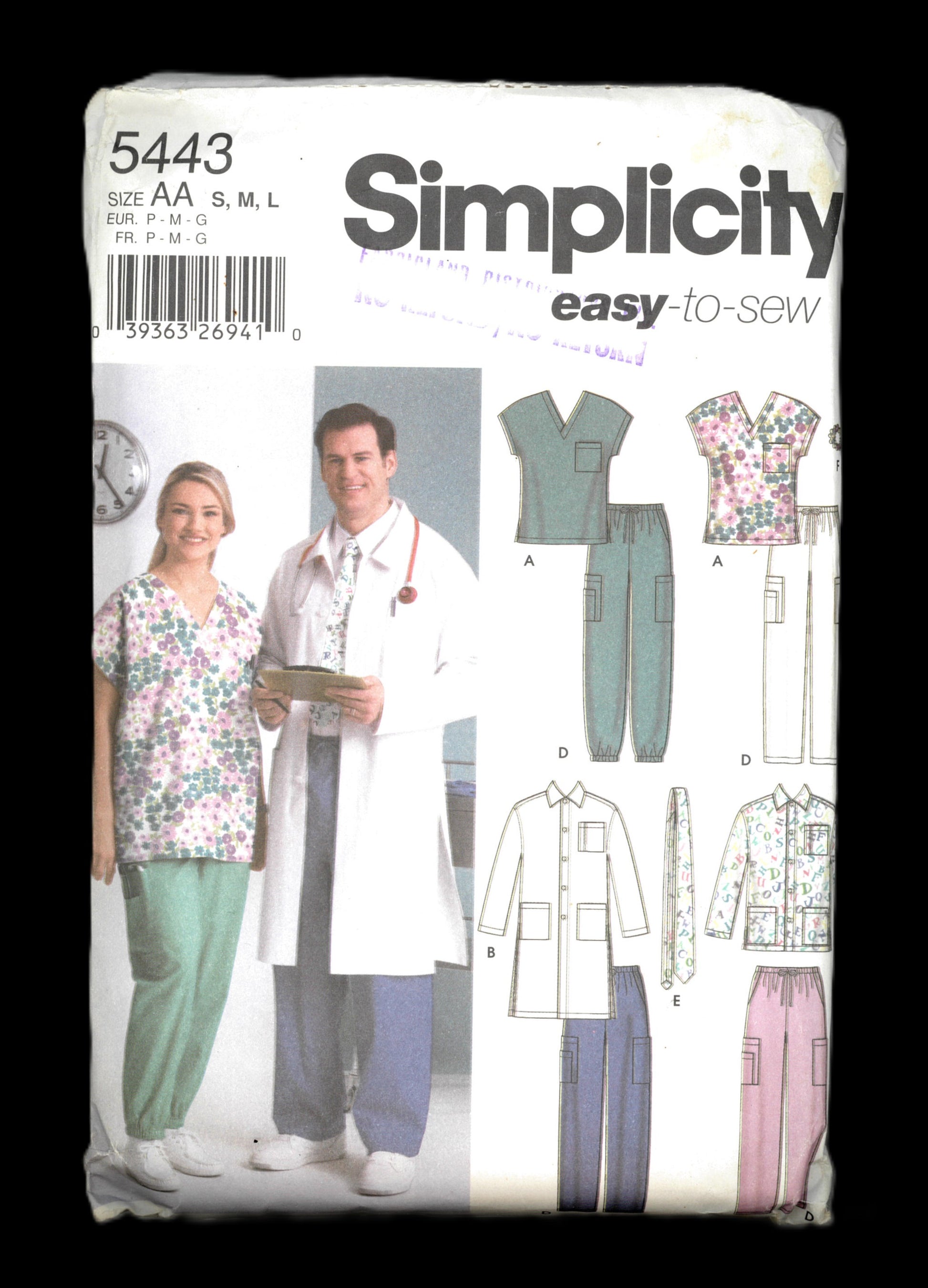 Simplicity 5443 Womens and Mens Scrub Top Jacket in Two Lengths, Pants Tie and Hairband Sewing Pattern - UNCUT - Size S M L