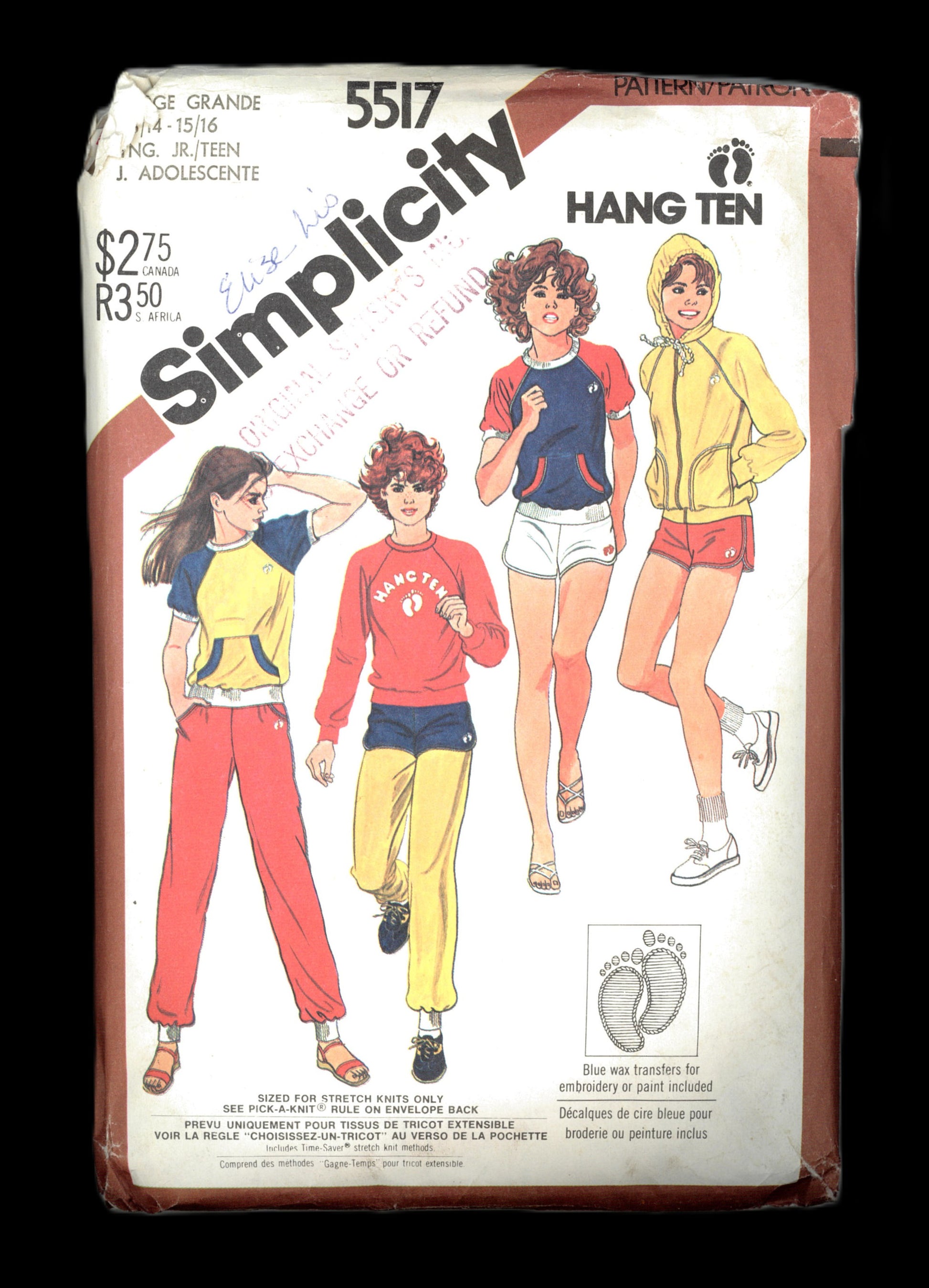 Simplicity 5517 Hang Ten Young Junior / Teens Pull on Pants and Shorts, Pullover Sweatshirt, Top and Hooded Jacket Sewing Pattern  UNCUT Size 13/14 - 15/16