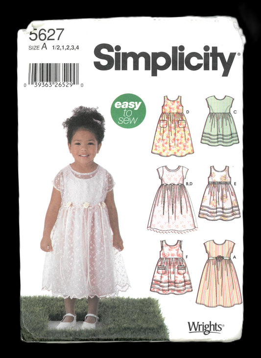 Simplicity 5627 Toddler Girls Dresses Sewing Pattern - UNCUT Size 1/2  1  2  3 4