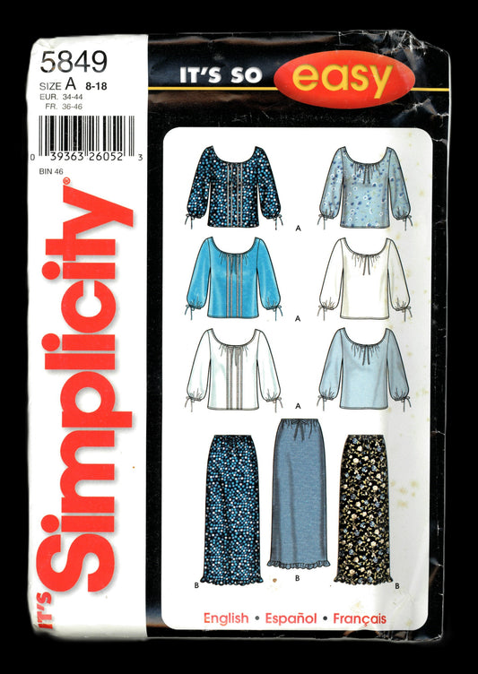 Simplicity 5849 Misses Tops and Skirts Sewing Pattern - UNCUT - Size 8 - 18