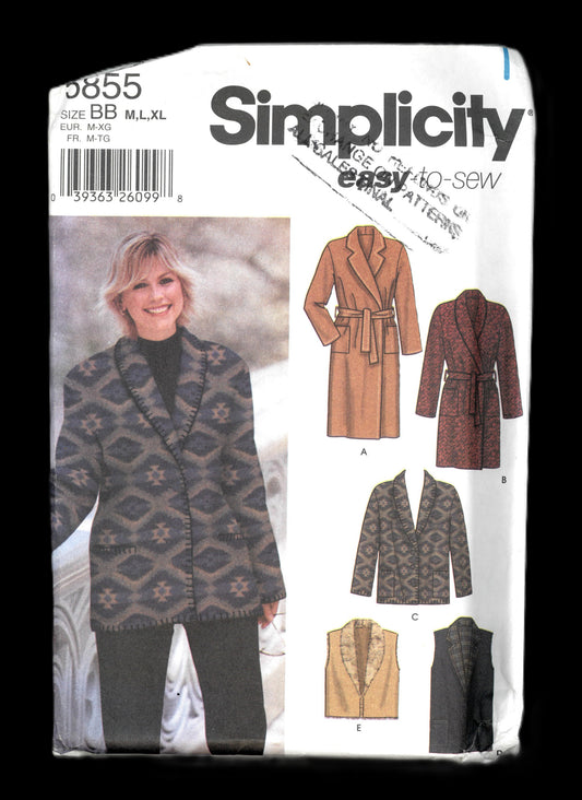 Simplicity 5855 Misses Coat in Two Lengths or Jacket and Vest in Two Lengths Sewing Pattern - UNCUT - Size M L XL