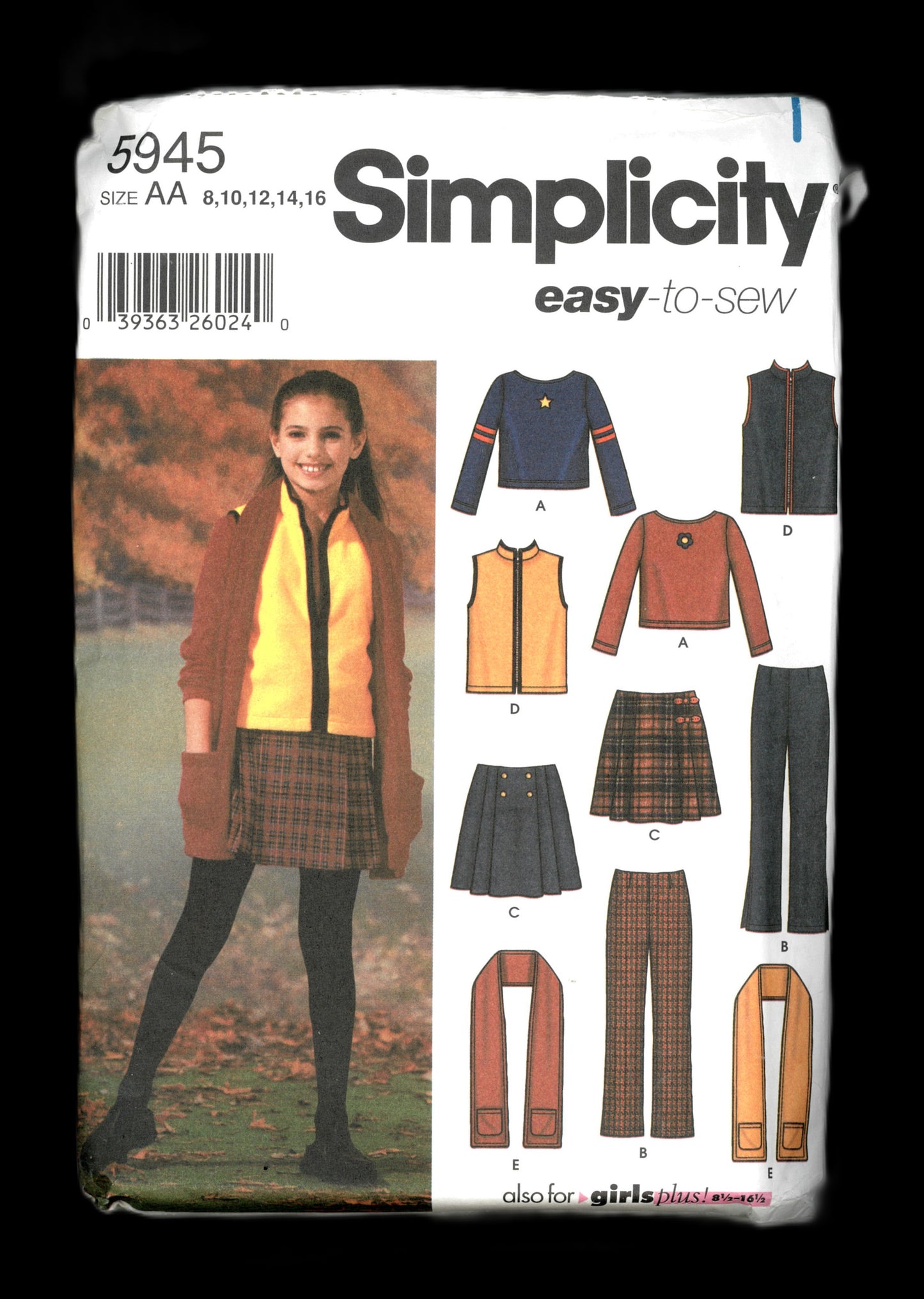 Simplicity 5945 Girls Pants Skirt Vest Scarf and Knit Top Sewing Pattern - UNCUT Size 8 10 12 14 16