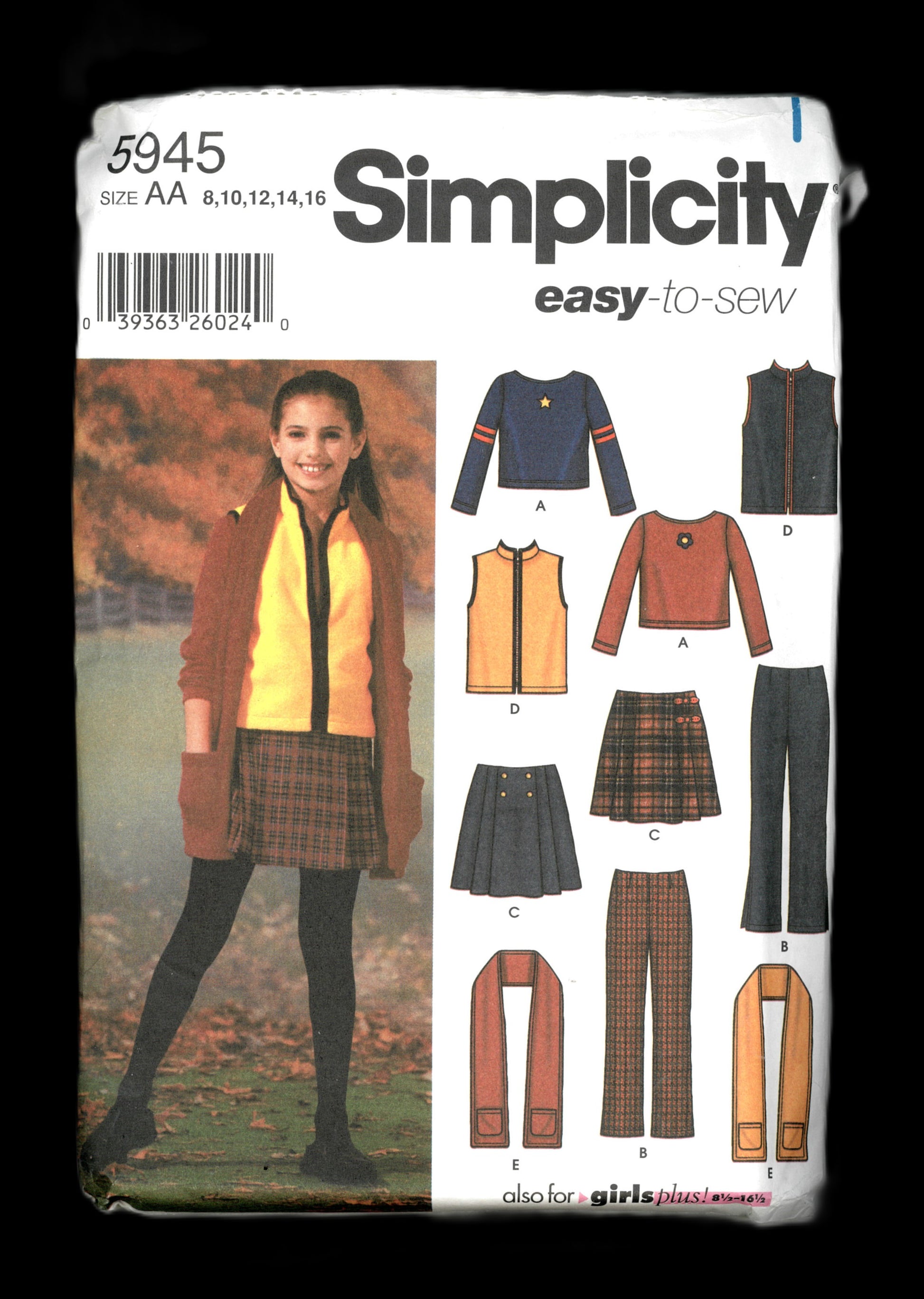 Simplicity 5945 Girls Pants Skirt Vest Scarf and Knit Top Sewing Pattern - UNCUT Size 8 10 12 14 16