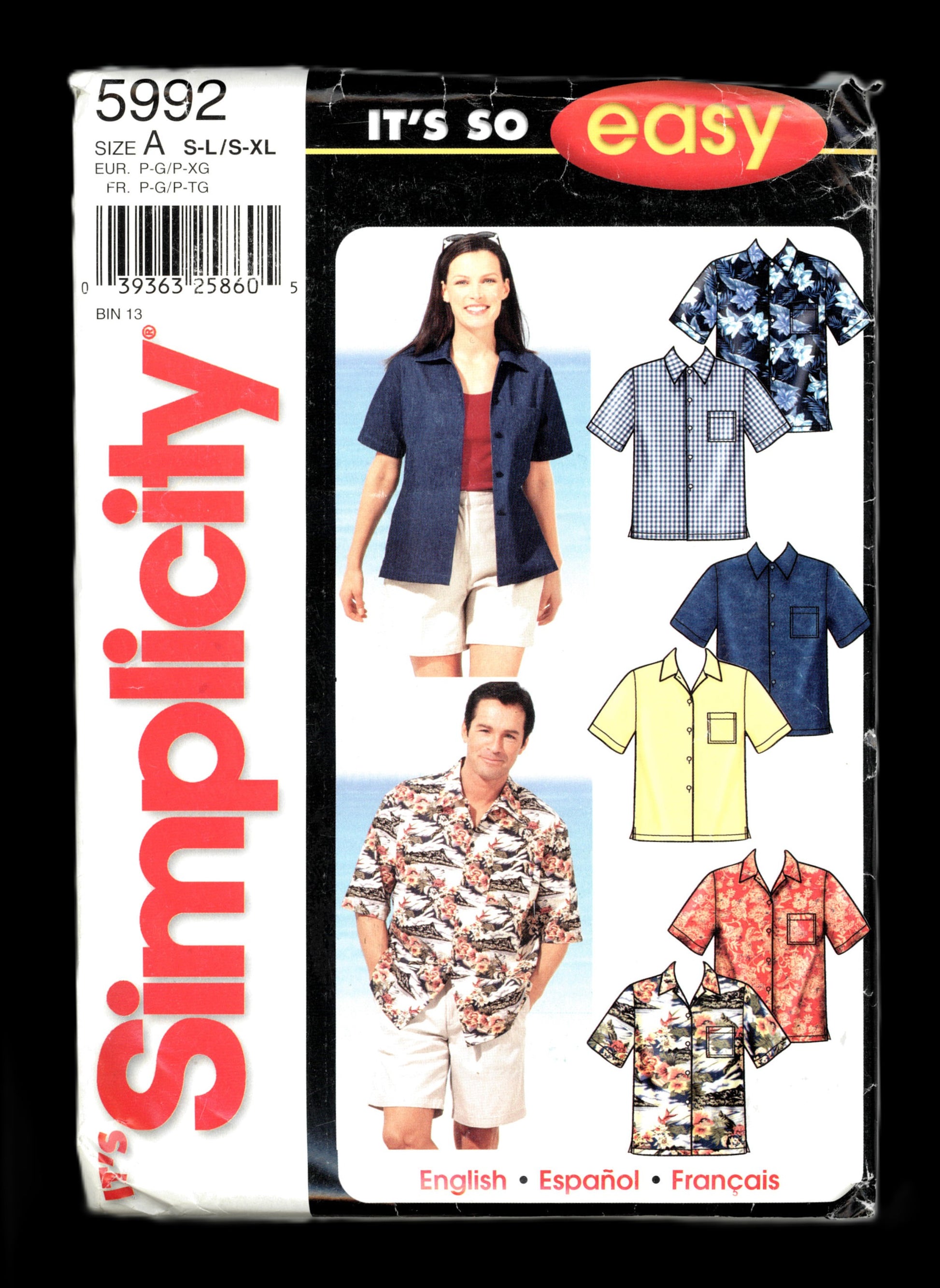 Simplicity 5992  Misses and Men's Shirt Sewing Pattern - UNCUT - Misses Size S - L Mens Size S - XL, Hawaiian Shirt Sewing Pattern