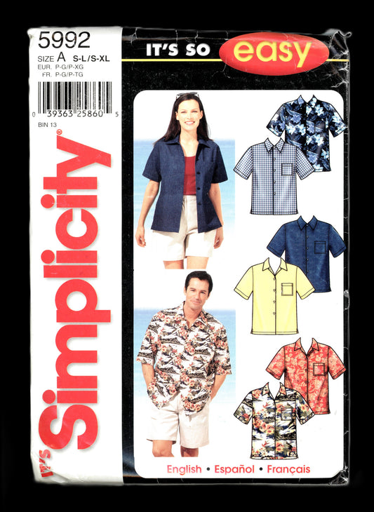 Simplicity 5992  Misses and Men's Shirt Sewing Pattern - UNCUT - Misses Size S - L Mens Size S - XL, Hawaiian Shirt Sewing Pattern