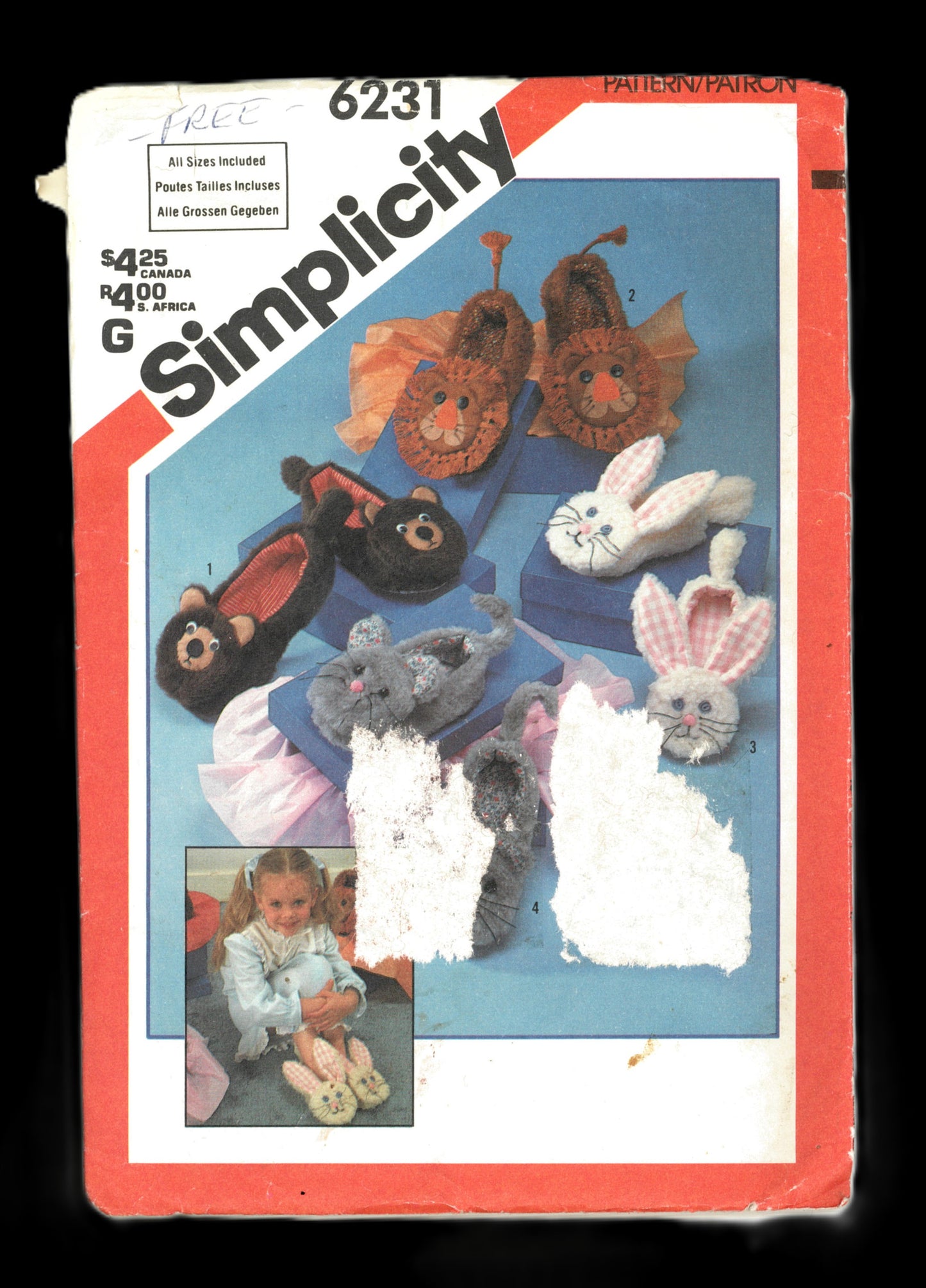 Simplicity 6231 Adults, Boys and Girls Furry Animal Slippers Sewing Pattern - UNCUT - Adults Size S M L  Kids Size S M L