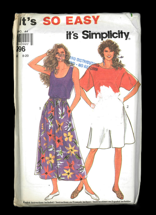 Simplicity 7096 Misses Pullover Tops and Culottes in Two Lengths Sewing Pattern - UNCUT - Size 8 - 20