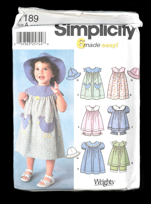 Simplicity 7189 Toddlers Dress, Top, Panties and Hat Sewing Pattern - UNCUT - Size 1/2 1 2 3 4